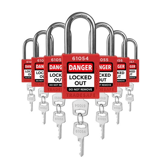 7 red loto padlocks: 2 keys each, unique five-digit code on keys and body