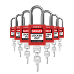 7 red loto padlocks: 2 keys each, unique five-digit code on keys and body