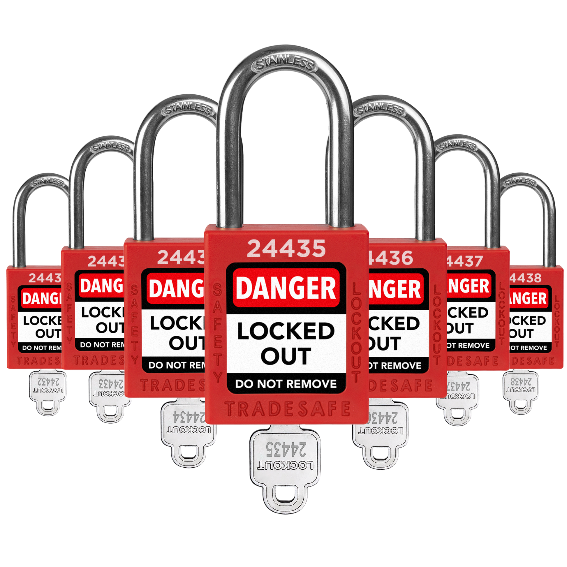 seven red loto padlocks, each with one key and a unique five-digit code engraved in both keys and padlock body