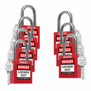 seven red loto padlocks, each with one key and a unique five-digit code engraved in both keys and padlock body