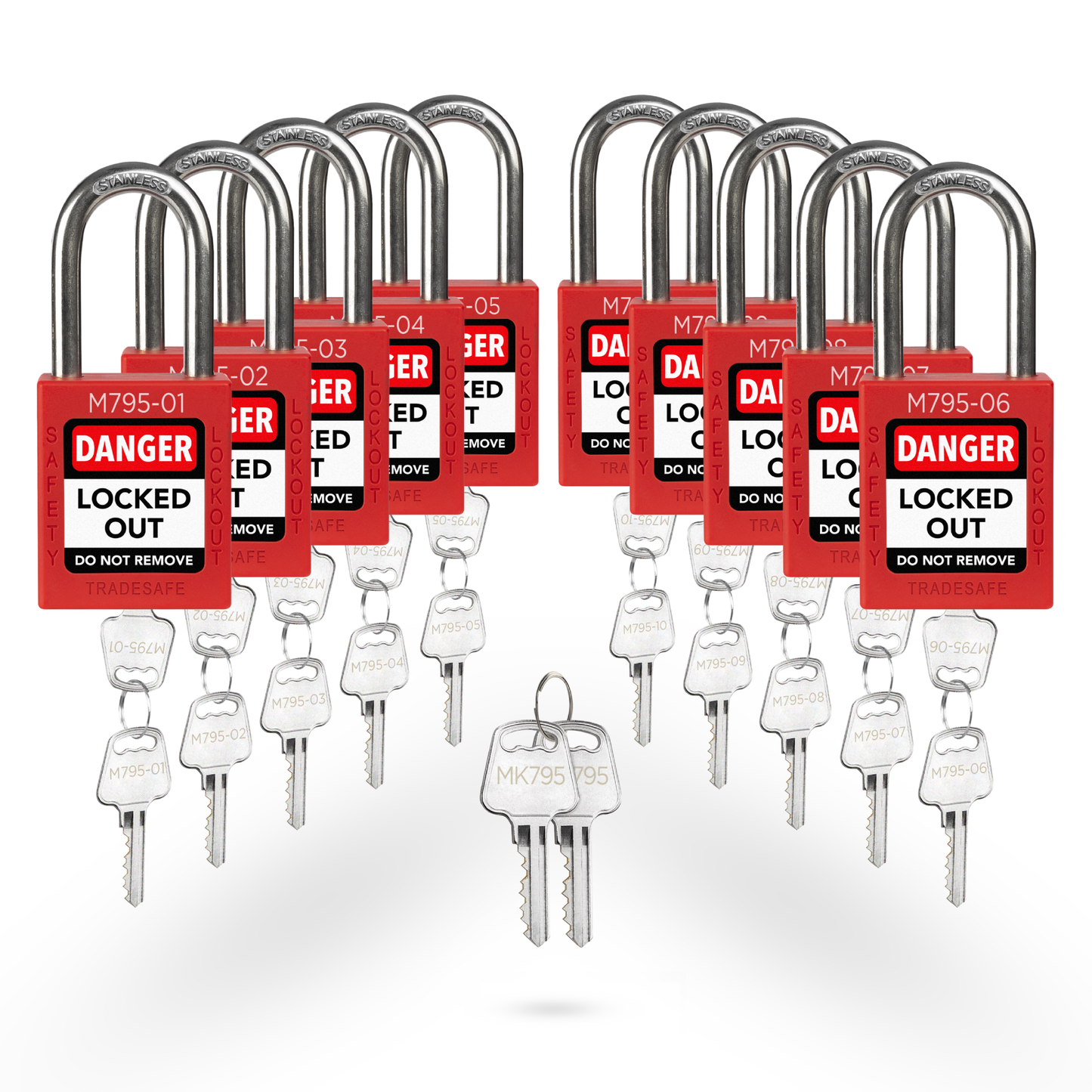 set of 10 red keyed different locks with master key