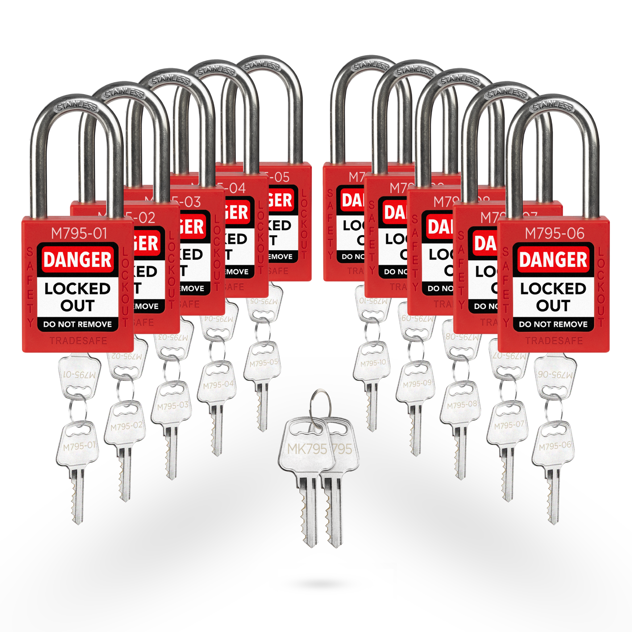 Keyed Different Lockout Locks with Master Keys - 10 Red Padlocks - 2 Keys Per Lock