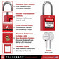 infographic of a red loto lock with 2 keys indicating materials used in each part
