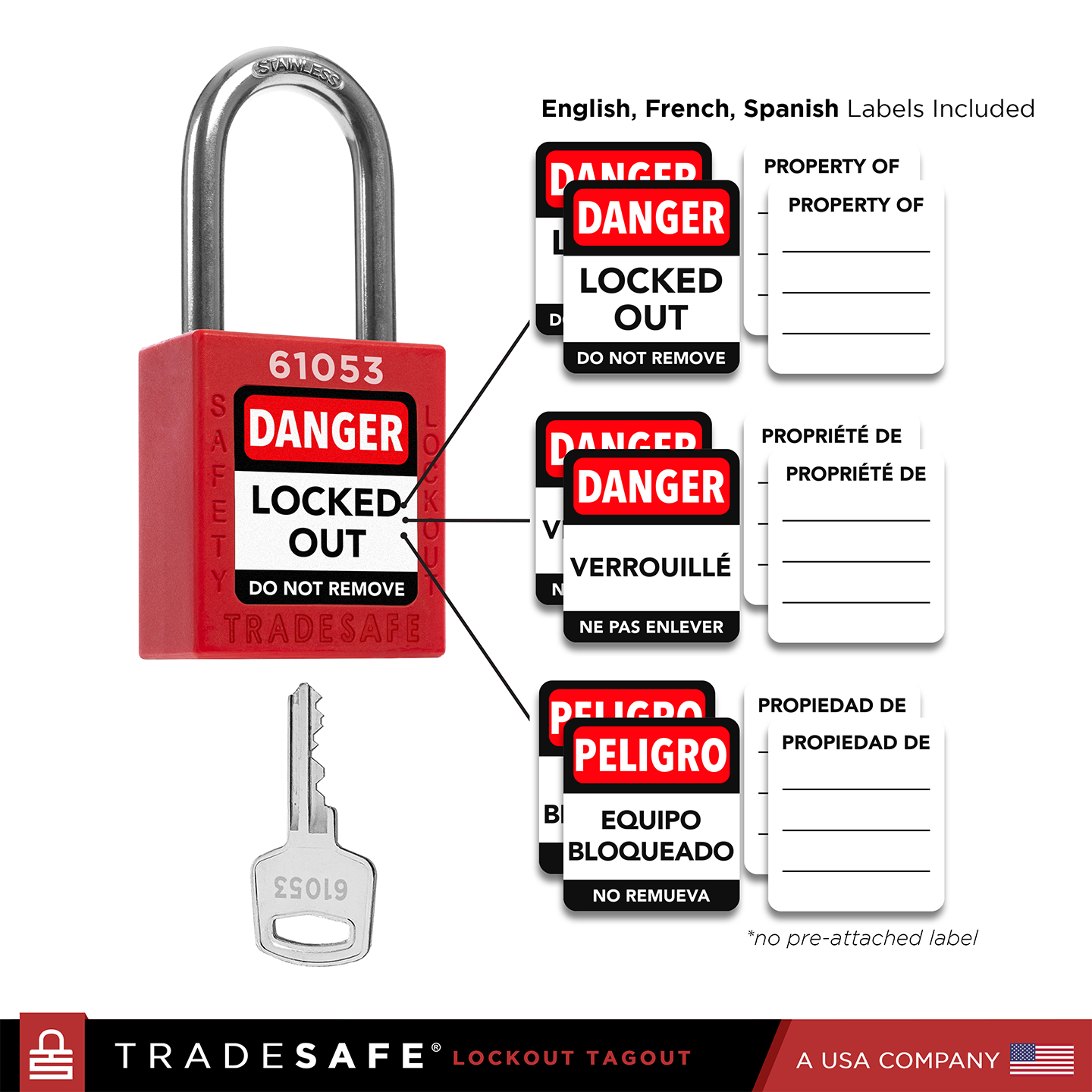 infographic: red loto lock with english, french, spanish labels included