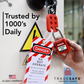 branding image featuring red loto keyed different master keyed locks with tag and hasp in the machine.
