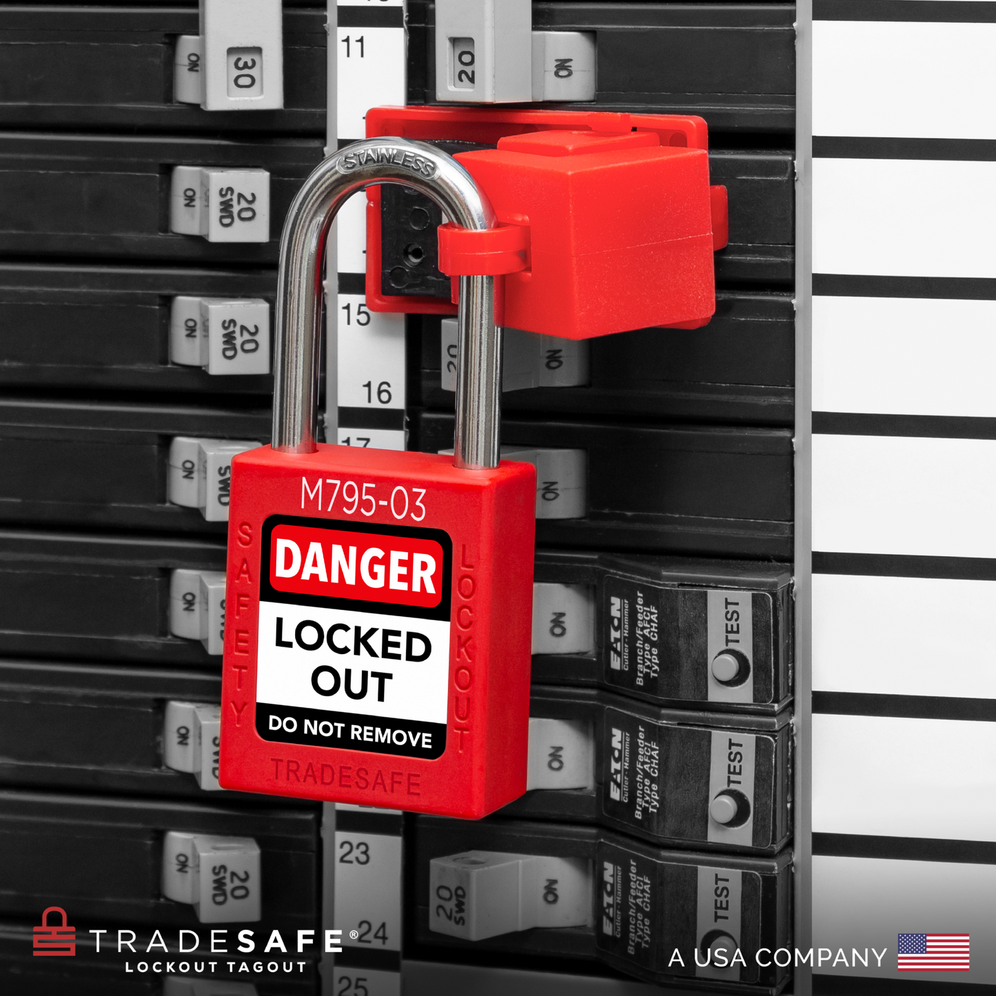 lifestyle shot of red padlock in use with clamp-on circuit breaker lock