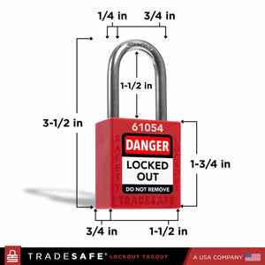 a red lockout tagout padlock with dimensions
