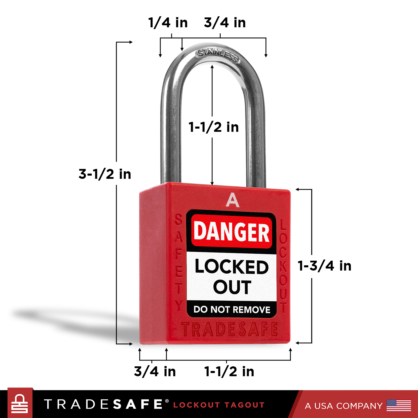 a red lockout tagout padlock with dimensions