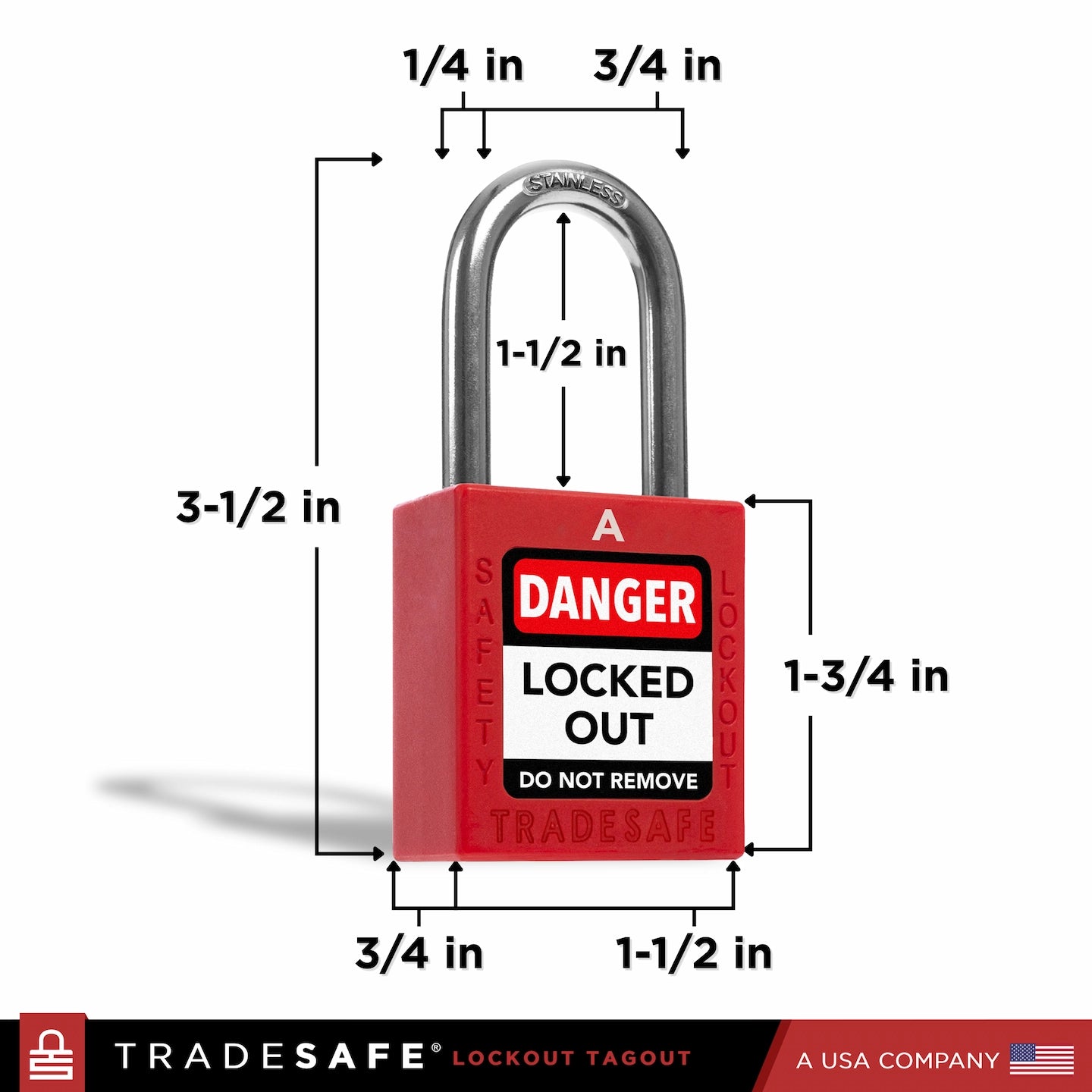 a red lockout tagout padlock with dimensions