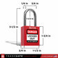 a red lockout tagout padlock with dimensions