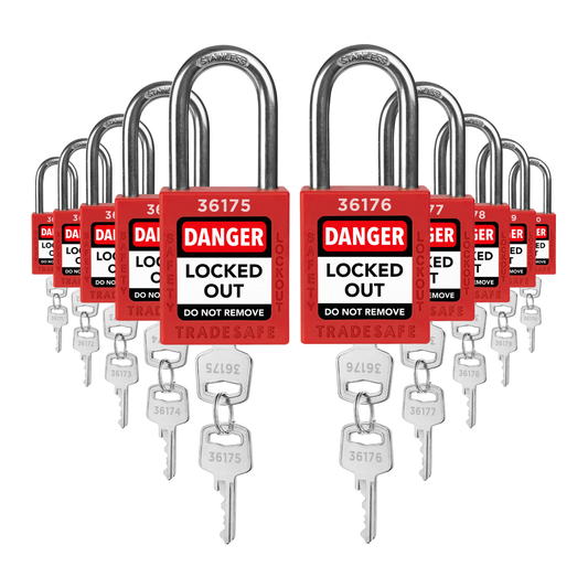 ten red loto padlocks: 2 keys each, unique five-digit code on keys and body