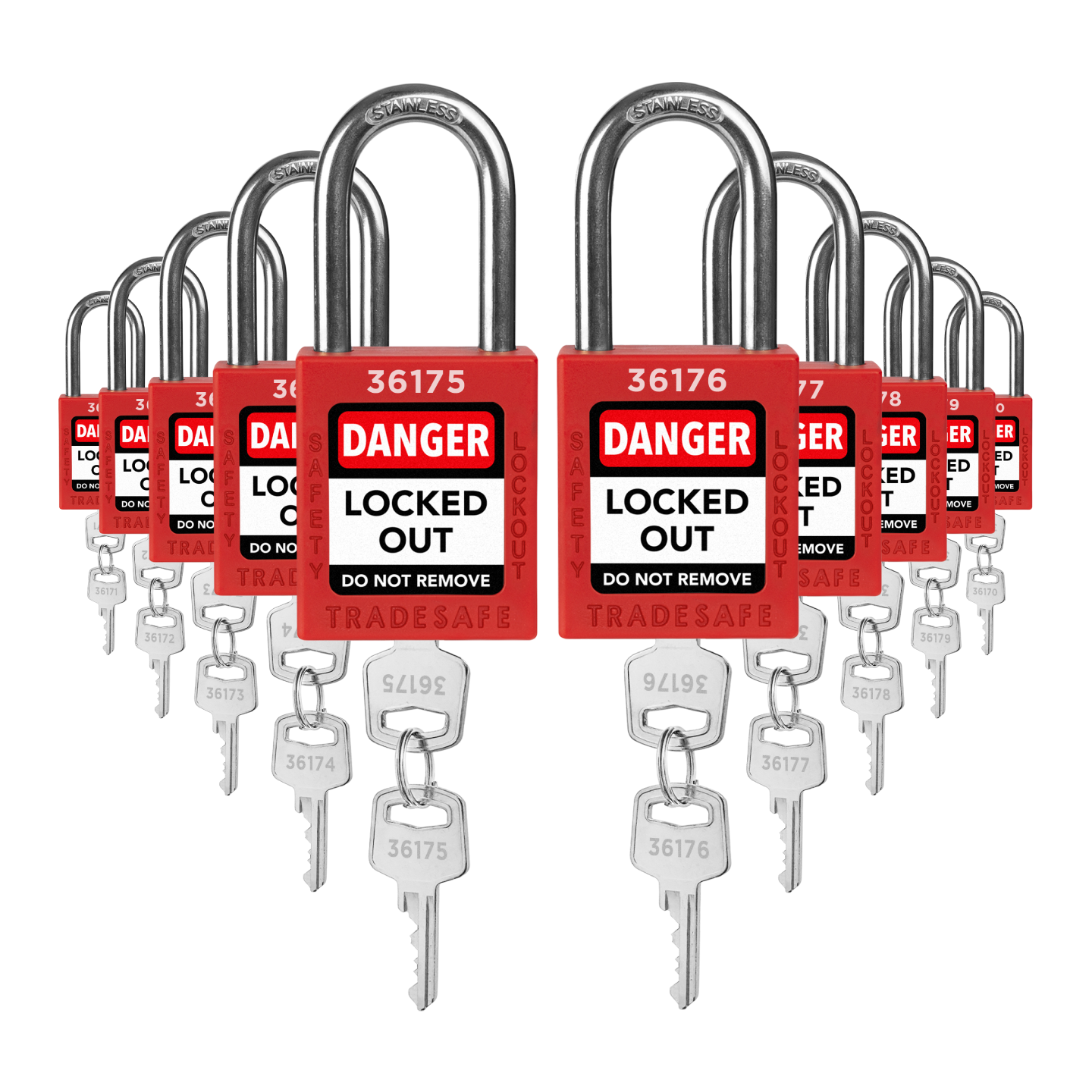 Juego de candados de bloqueo y etiquetado con diferentes llaves - 10 candados de seguridad rojos - 2 llaves por candado