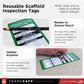 Reusable scaffold inspection tags explaining how to write, wipe, and re-mark the tags in a real construction setting
