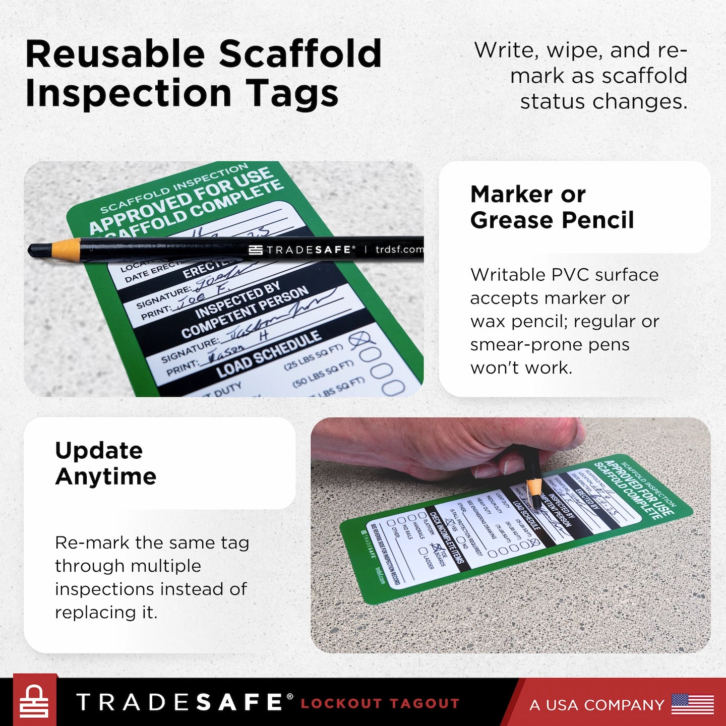 Reusable scaffold inspection tags explaining how to write, wipe, and re-mark the tags in a real construction setting