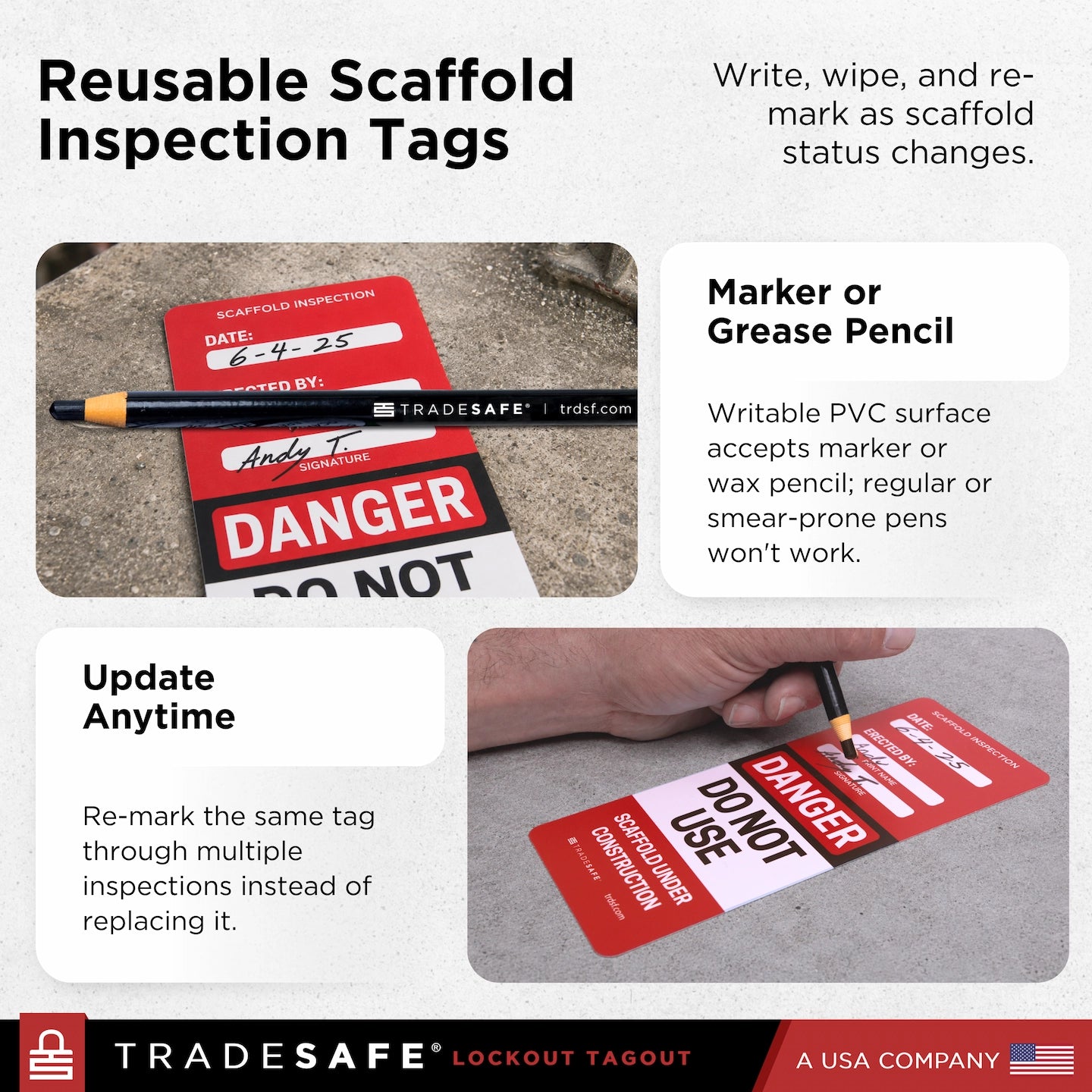 Reusable scaffold inspection tags explaining how to write, wipe, and re-mark the tags in a real construction setting