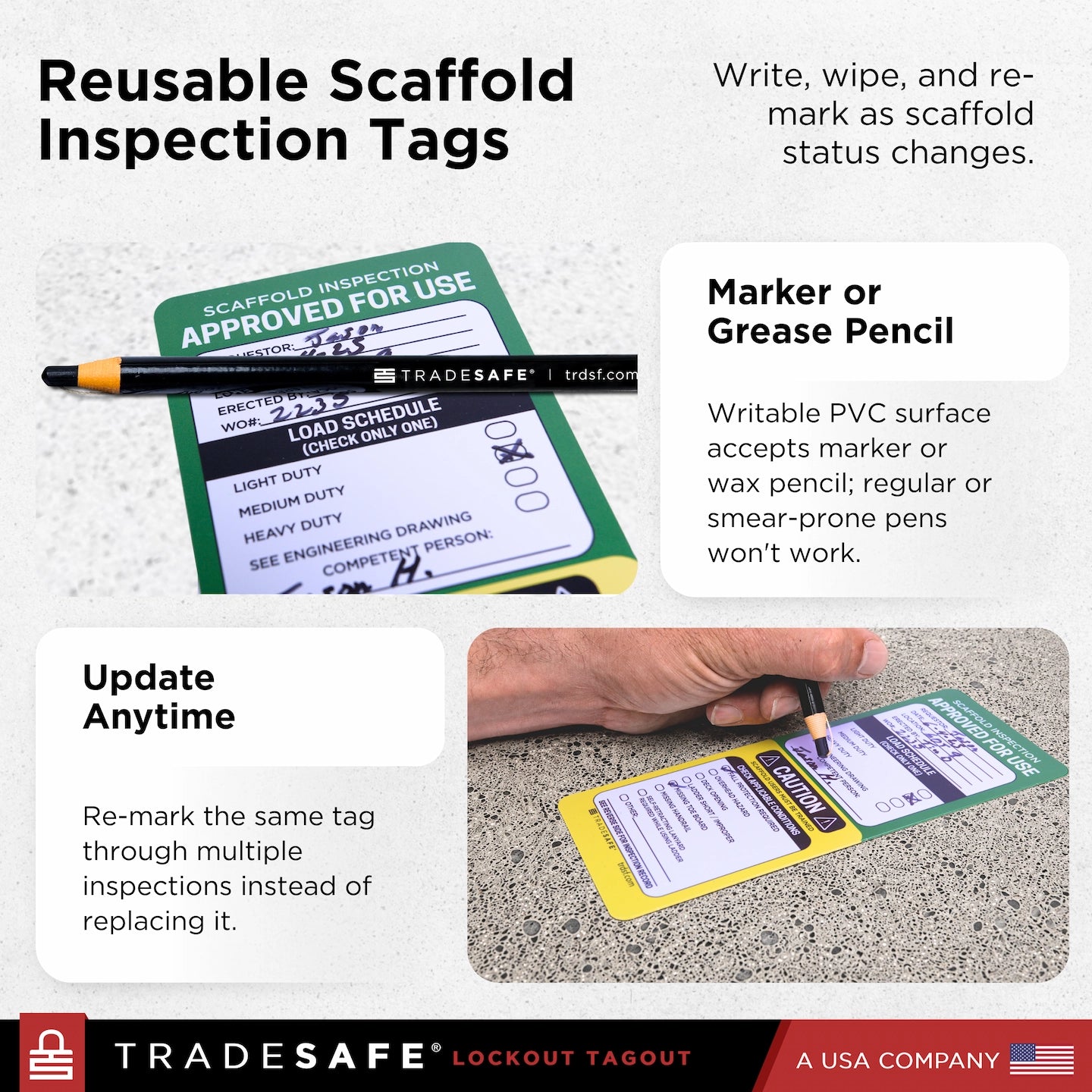Reusable scaffold inspection tags explaining how to write, wipe, and re-mark the tags in a real construction setting