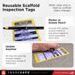 Reusable scaffold inspection tags explaining how to write, wipe, and re-mark the tags in a real construction setting