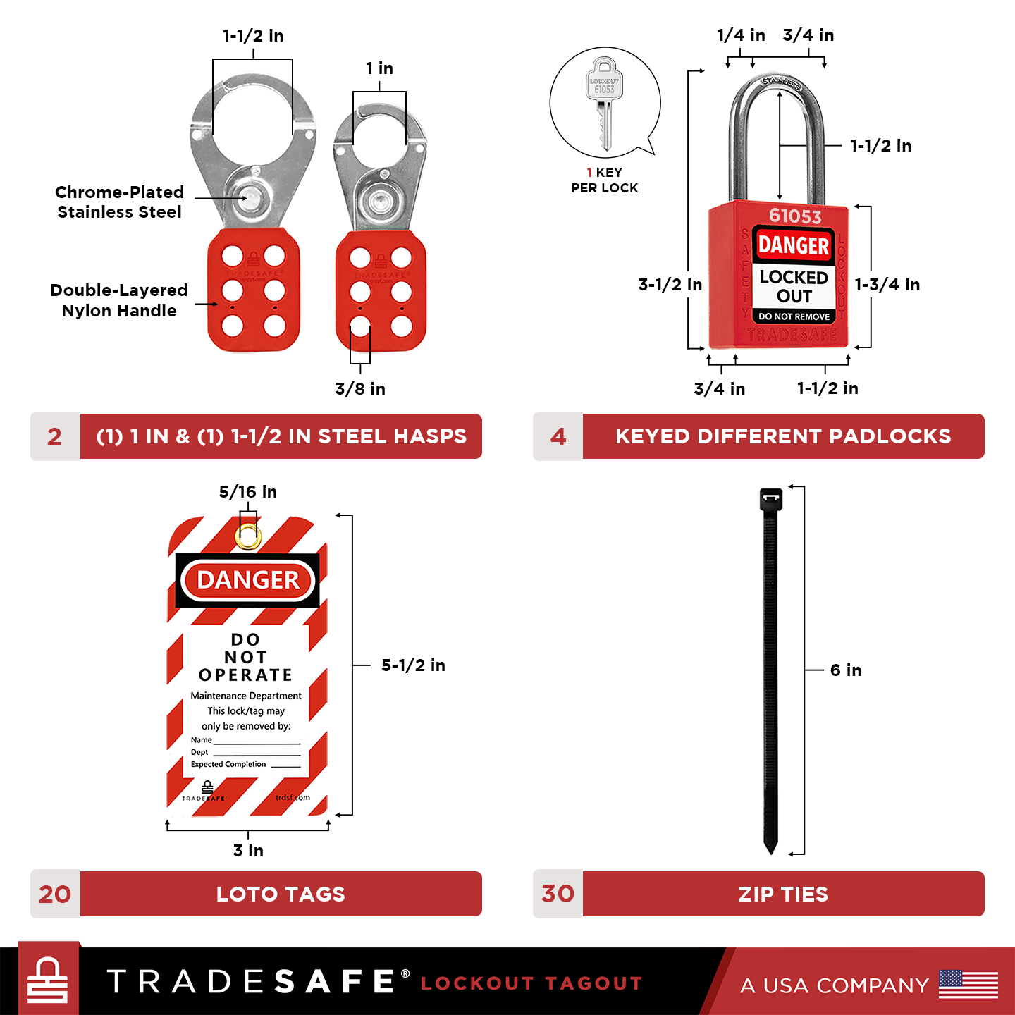 2 steel hasps, 4 padlocks, 20 loto tags, 30 zip ties, with product dimensions