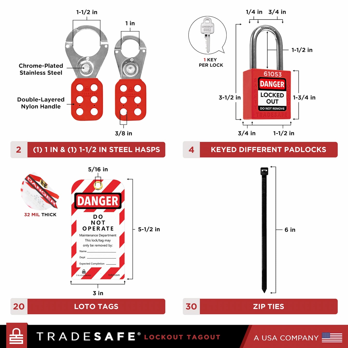 2 steel hasps, 4 padlocks, 20 loto tags, 30 zip ties, with product dimensions