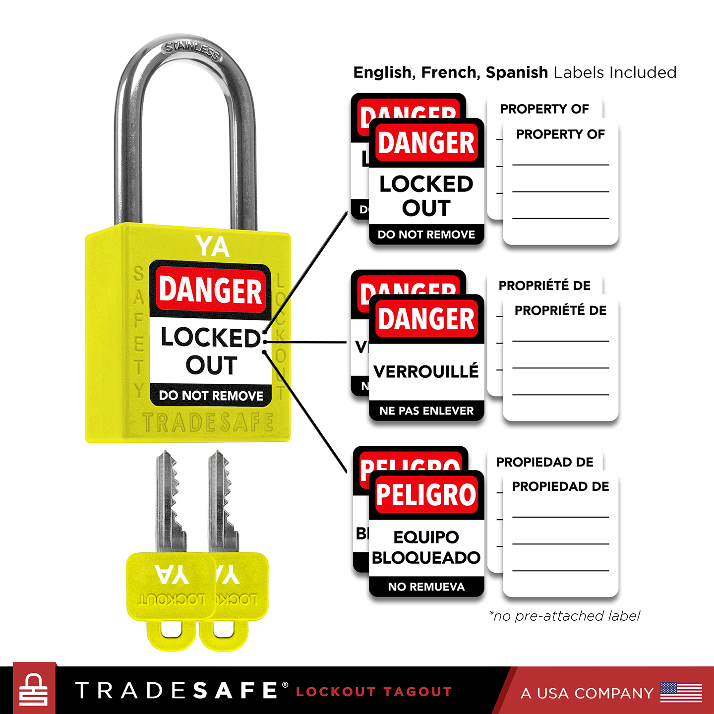 infographic: yellow loto lock with english, french, spanish labels included