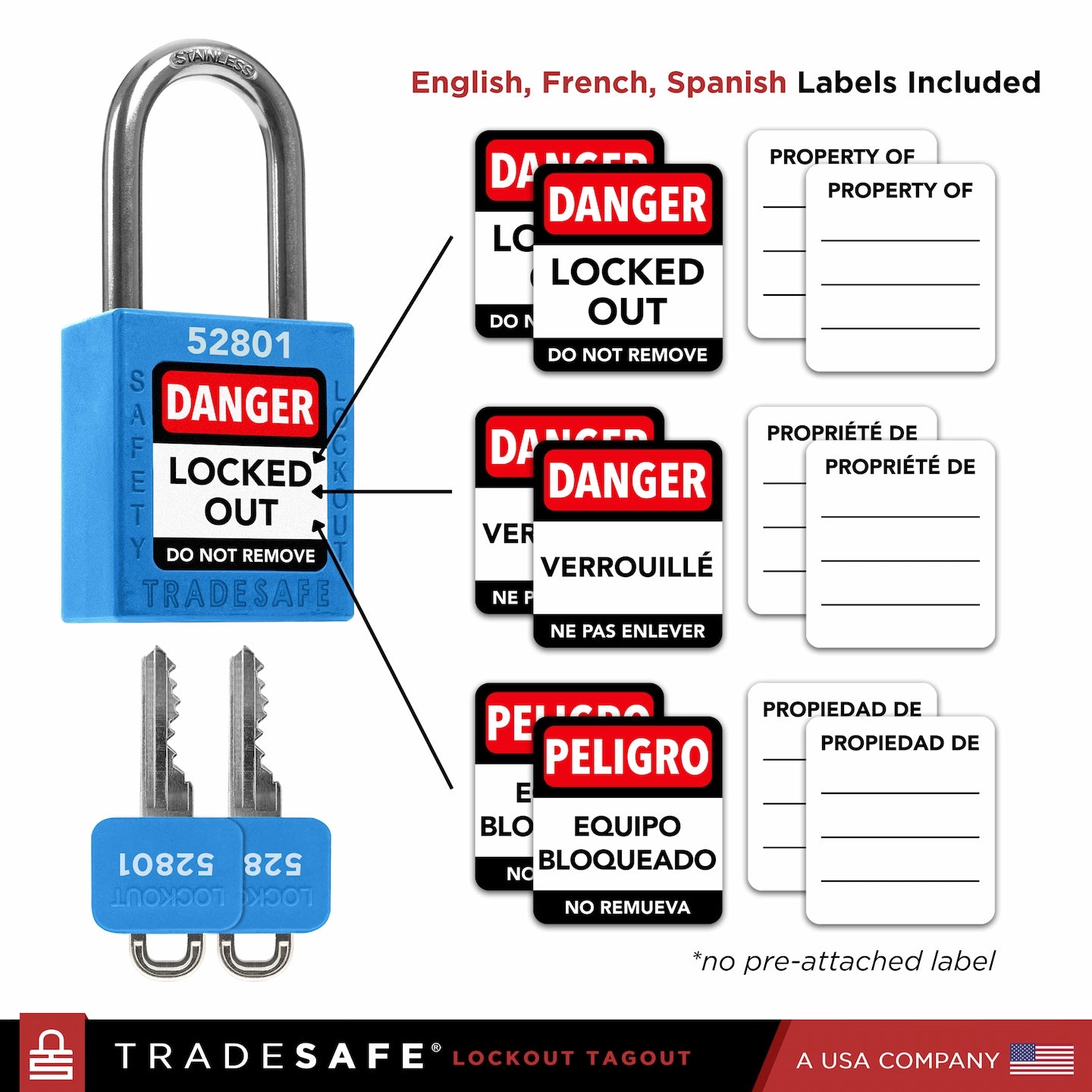 infographic: blue loto lock with english, french, spanish labels included