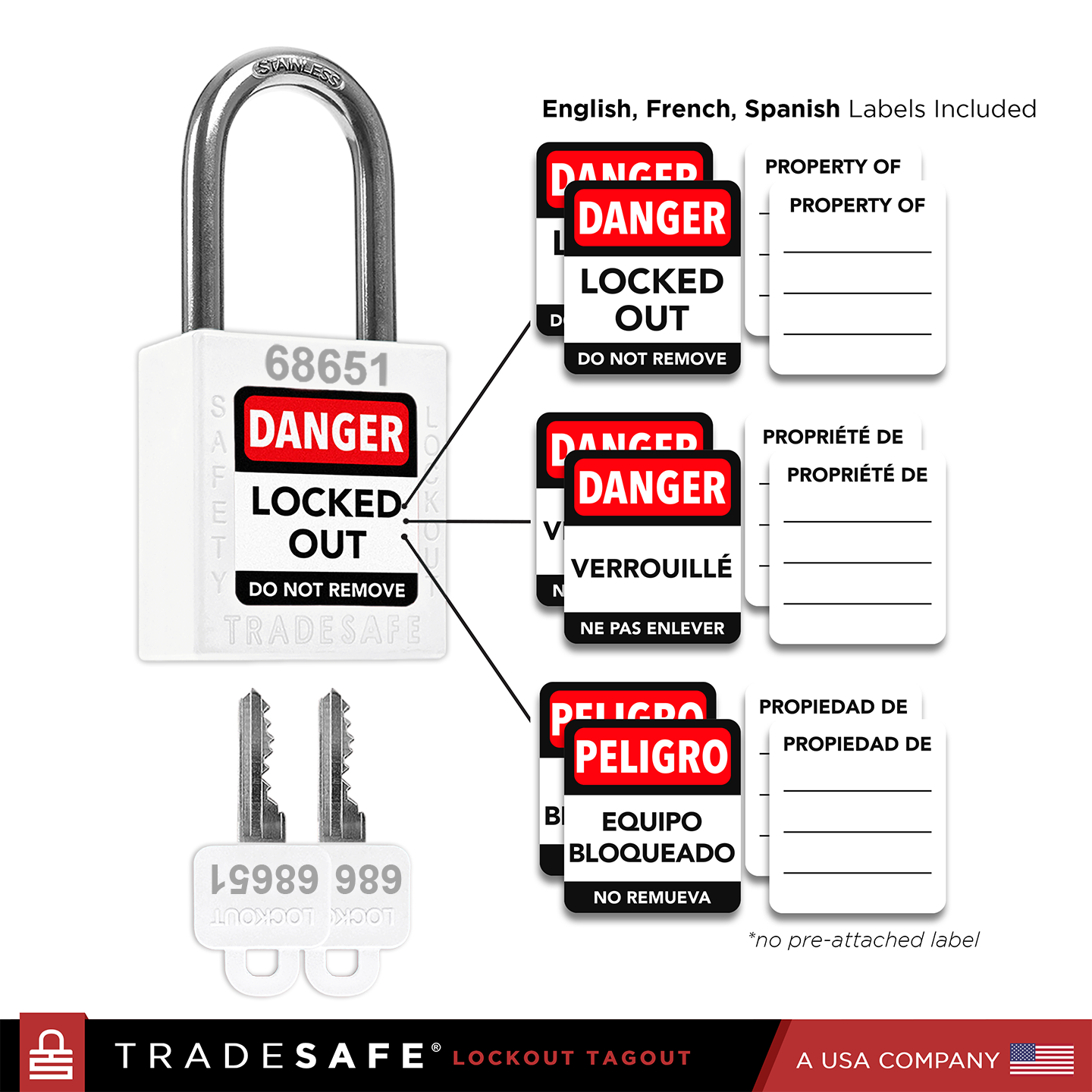 pad lock with 2 keys and danger labels