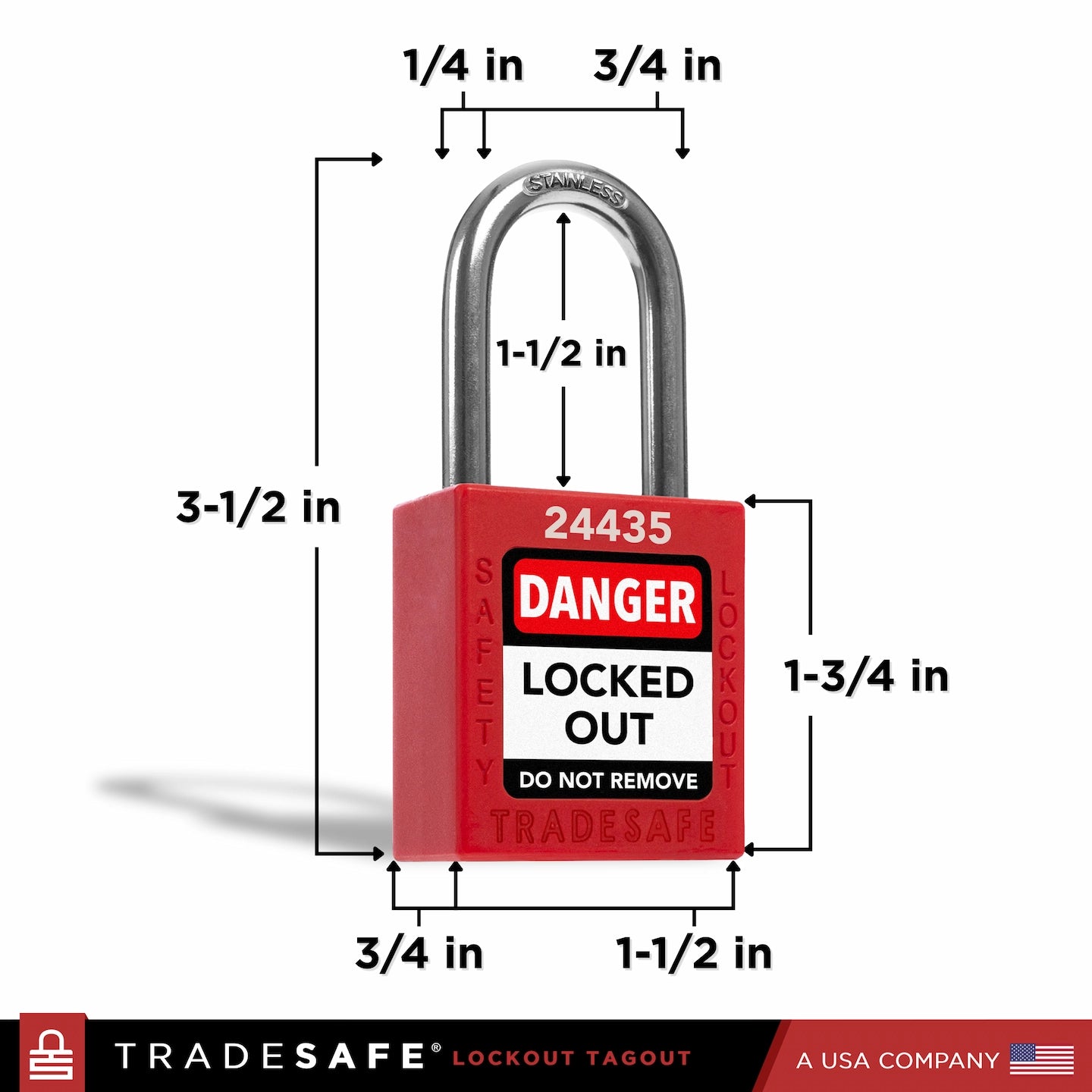 a red lockout tagout padlock with dimensions