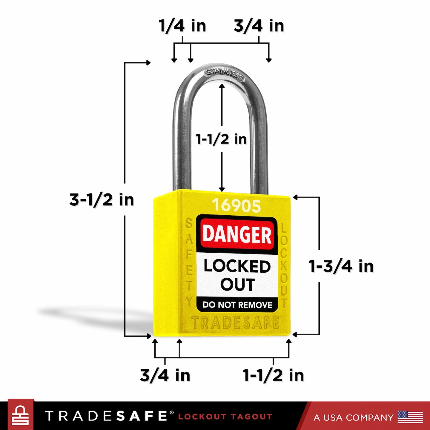 yellow lockout tagout padlock with dimensions