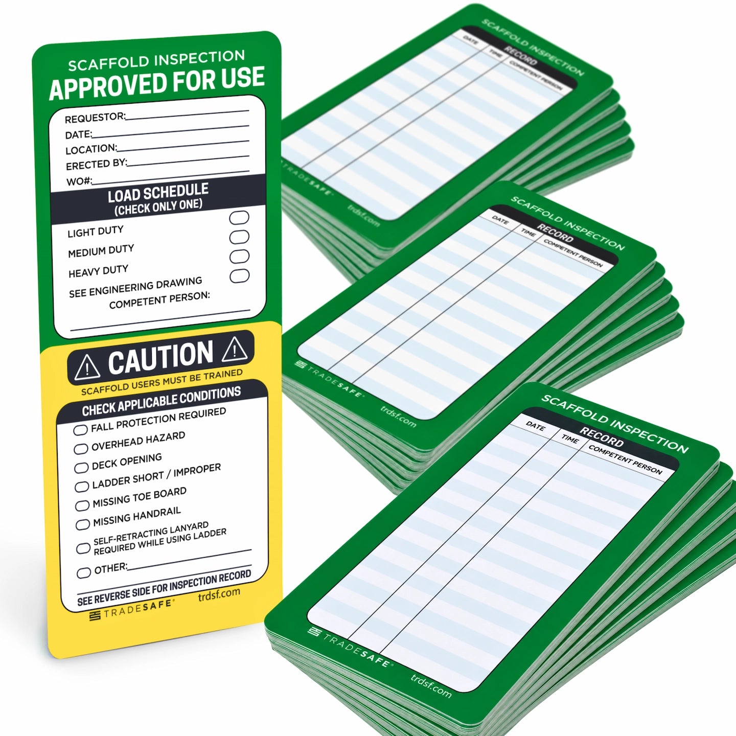 green and yellow scaffold inspection record cards 
