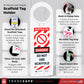 A white Scaffold Tag holder with red and black printed safety labels, with feature callouts and the Tradesafe branding.