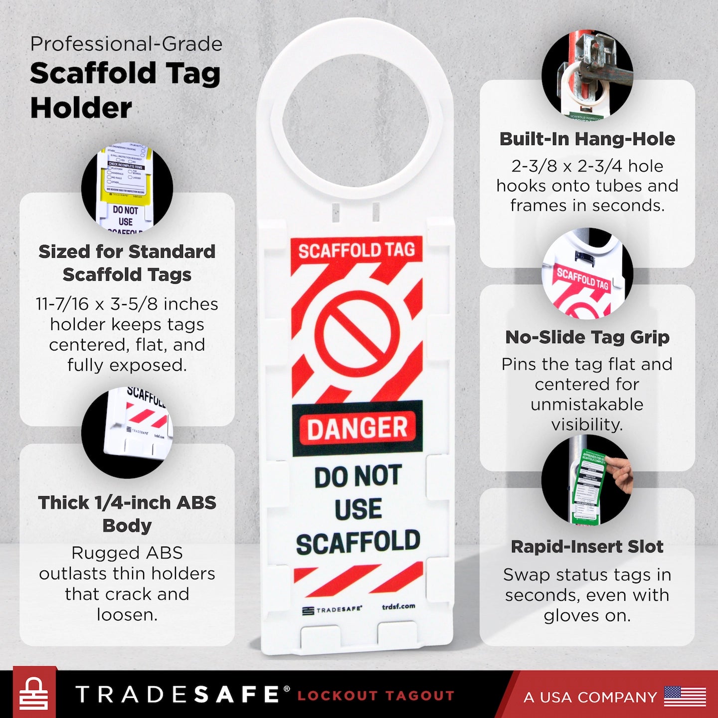 A white Scaffold Tag holder with red and black printed safety labels, with feature callouts and the Tradesafe branding.