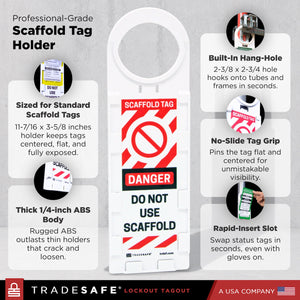 A white Scaffold Tag holder with red and black printed safety labels, with feature callouts and the Tradesafe branding.