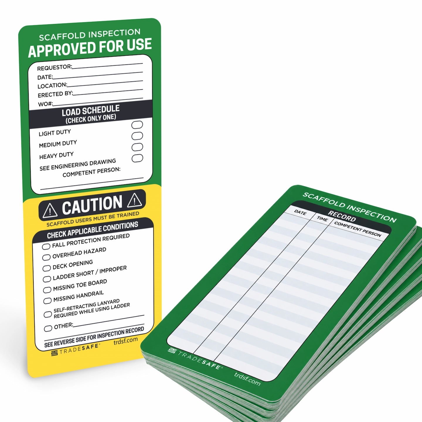 green and yellow scaffold inspection record cards 