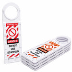 White plastic scaffold tags with red and black warning labels