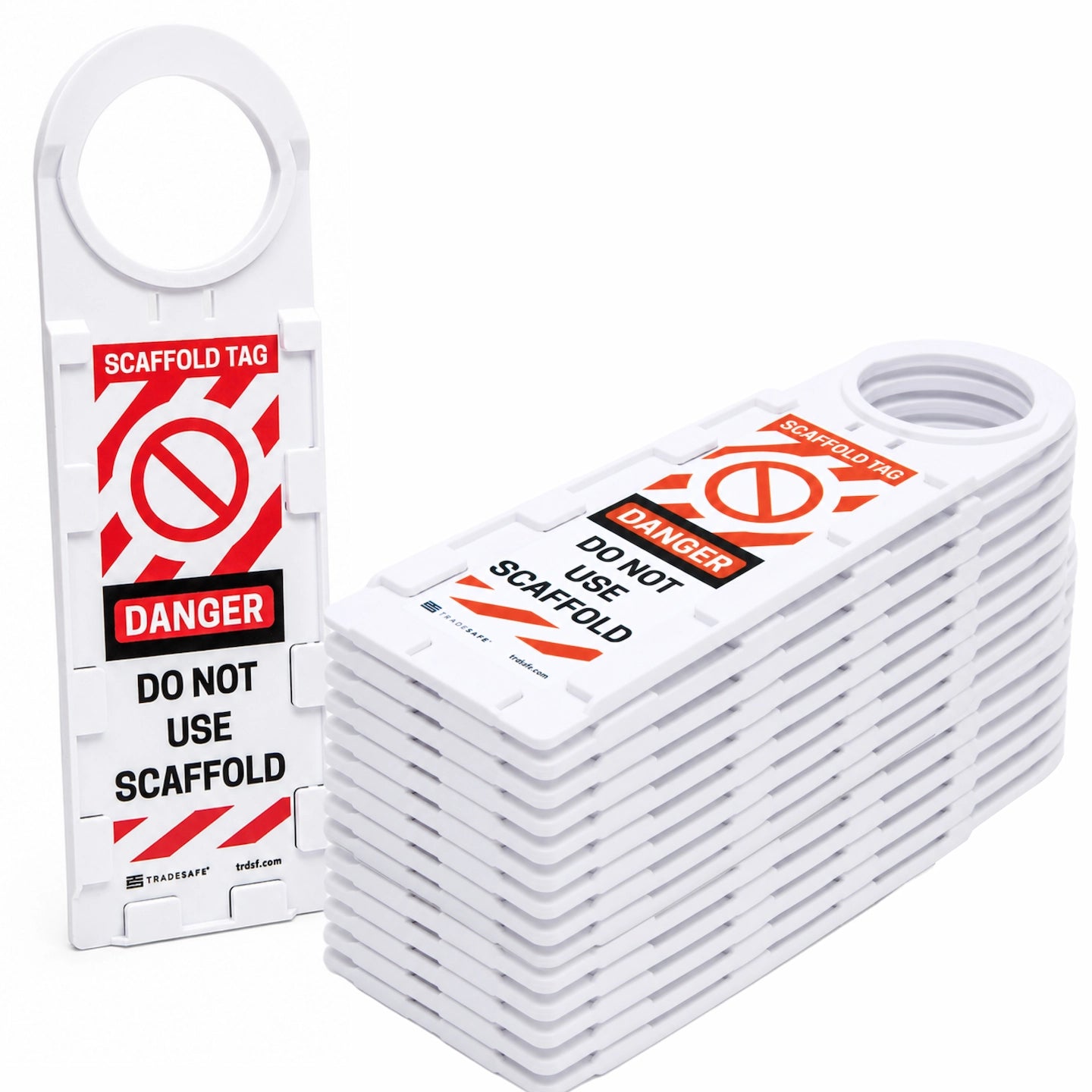 White plastic scaffold tags with red and black warning labels