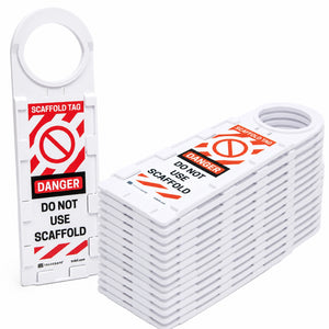 White plastic scaffold tags with red and black warning labels