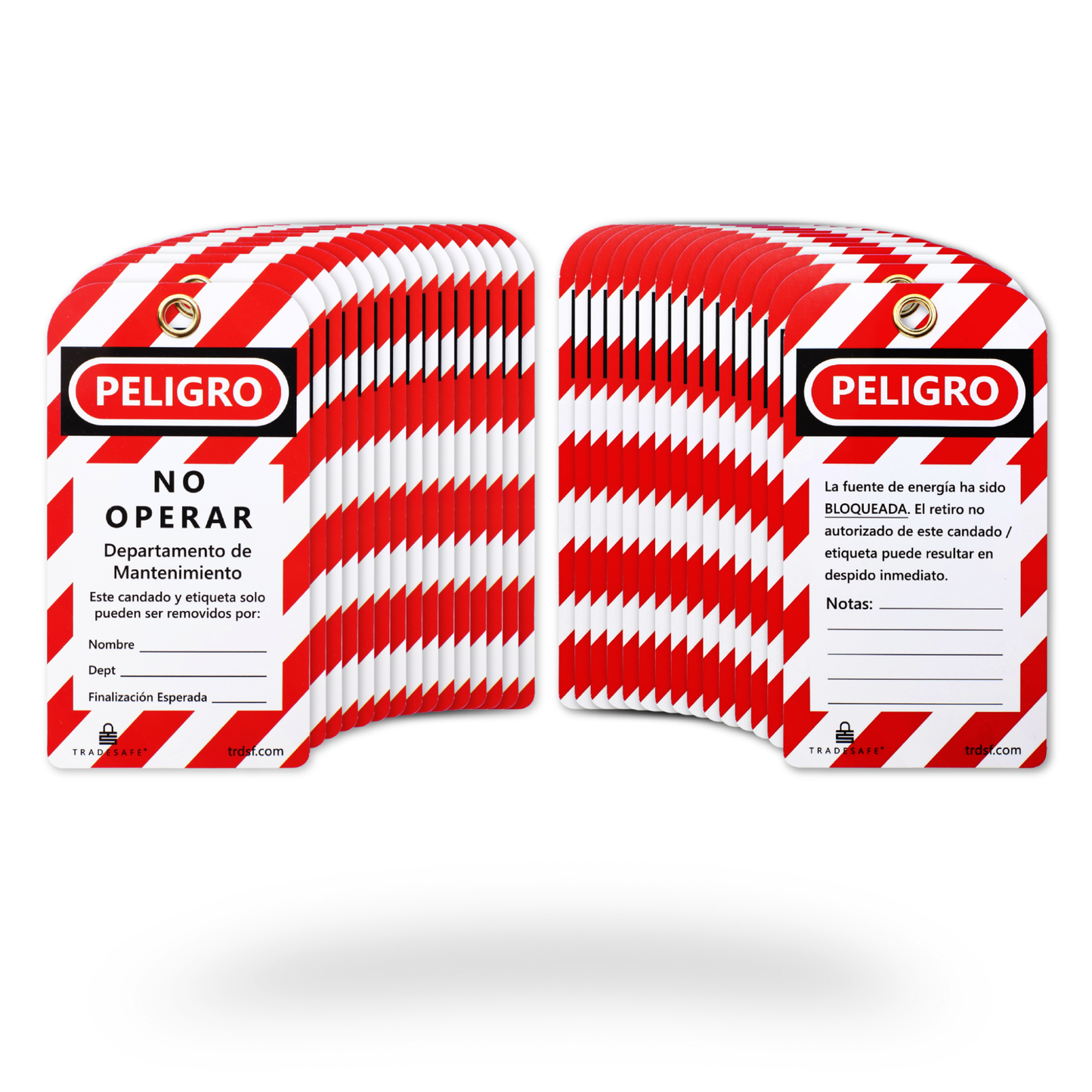 eye-level view of spanish peligro tags in 30 pack showing its front and back tags