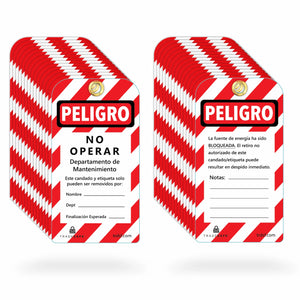 eye-level view of spanish peligro tags in 30 pack showing its front and back tags