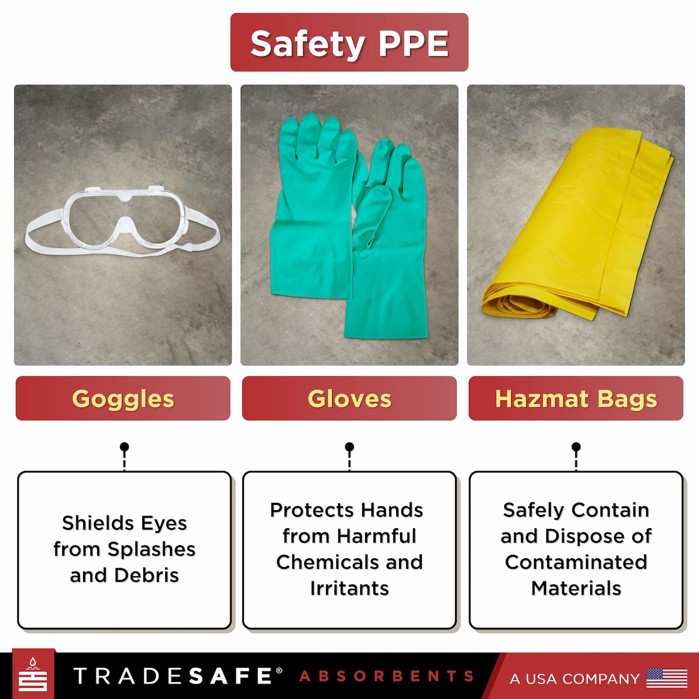 features of goggle, gloves, hazmat bags included in the bin