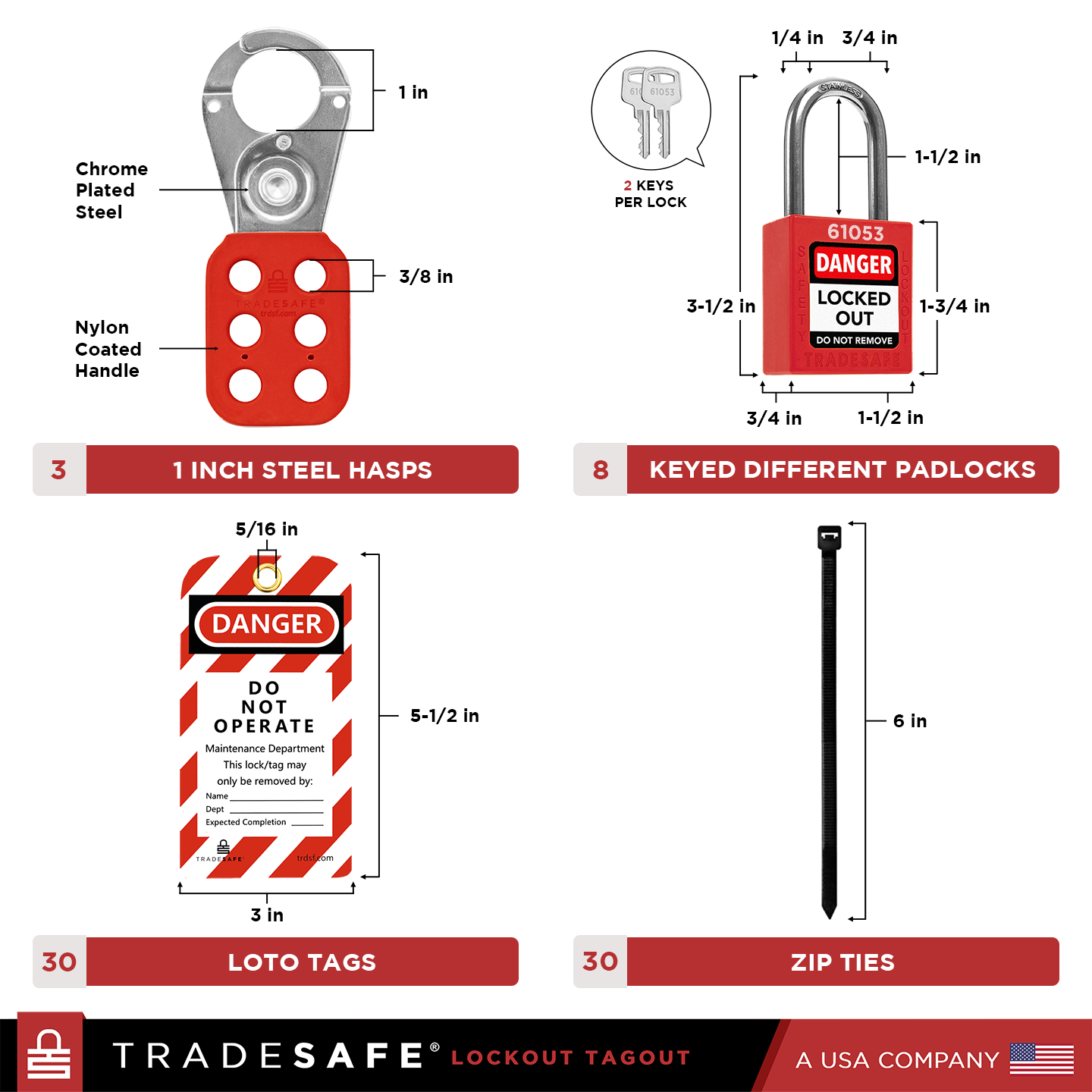 components dimension and quantity: hasps, padlocks, loto tags, zip ties