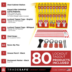 components of loto station cabinet, including 80 lockout tagout products