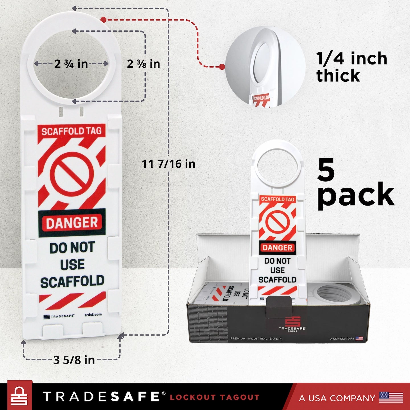 TradeSafe lockout tagout labels shown in a 5-pack, with dimension callouts, a close-up of the 1/4 inch thick loop, and the product displayed both standing upright and inside its retail box.