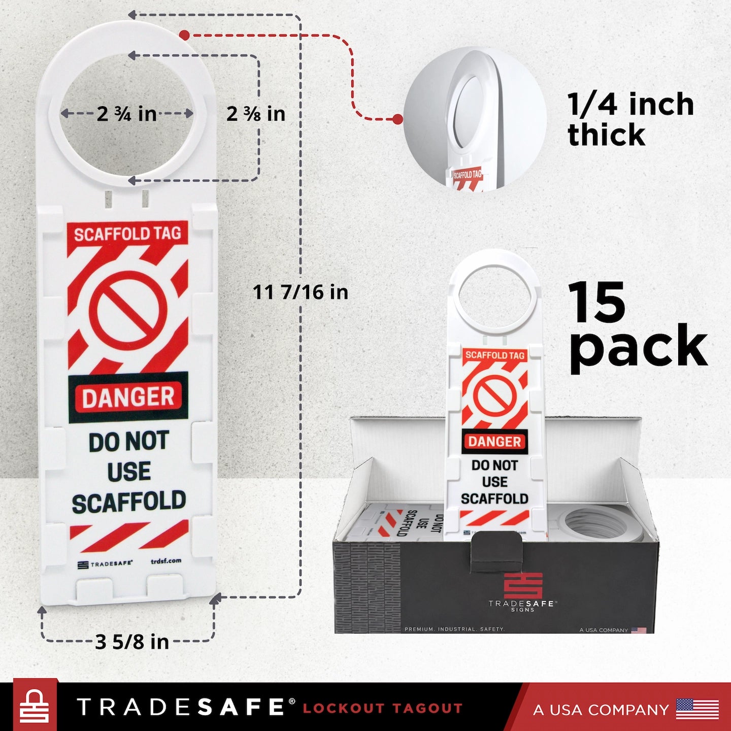 TradeSafe lockout tagout labels shown in a 5-pack, with dimension callouts, a close-up of the 1/4 inch thick loop, and the product displayed both standing upright and inside its retail box.