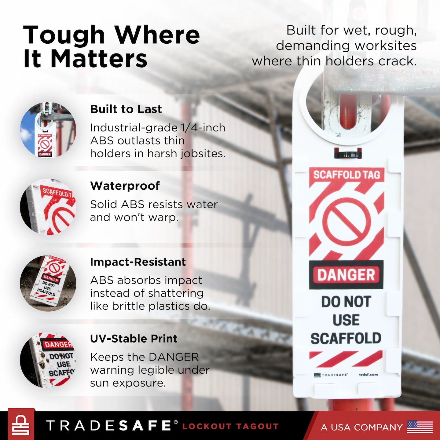 Tradesafe white plastic tag holder with red and black printed safety text. with product features and specifications