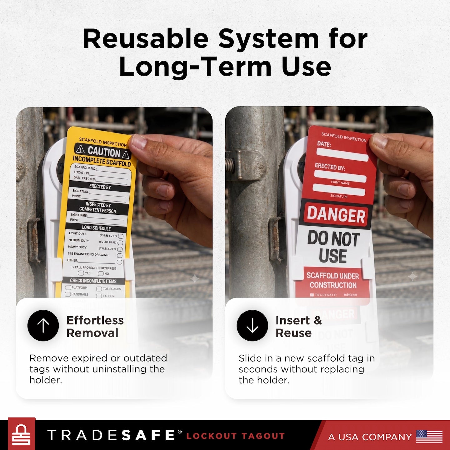 Tradesafe Lockout Tagout reusable safety tags.