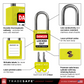infographic of a yellow loto lock with 2 keys indicating materials used in each part