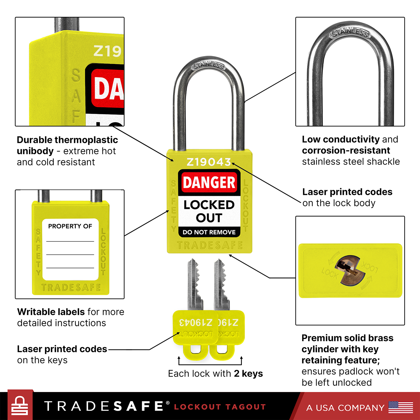 infographic of a yellow loto lock with 2 keys indicating materials used in each part