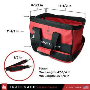 lockout tagout tool bag dimensions: 16-1/2 x 8-1/2 x 11-1/2 inches