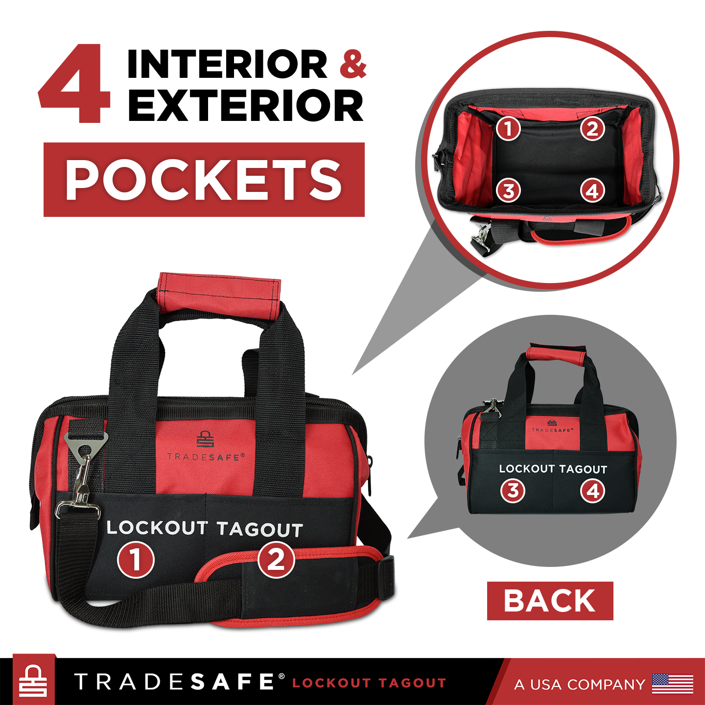 lockout tagout strorage bag with 4 interior and 4 exterior pockets