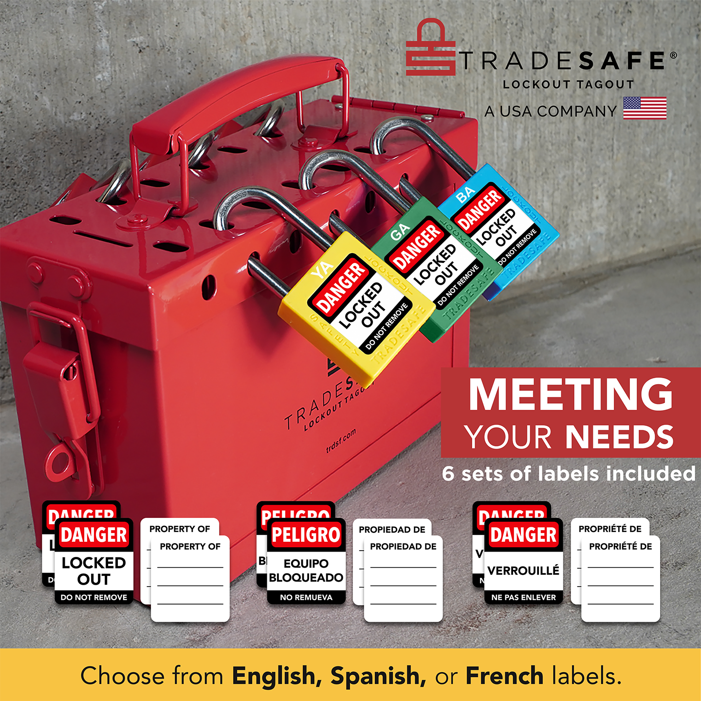 infographic: keyed alike unlimited loto locks on group lockout box; 6 label sets: english, french, spanish.